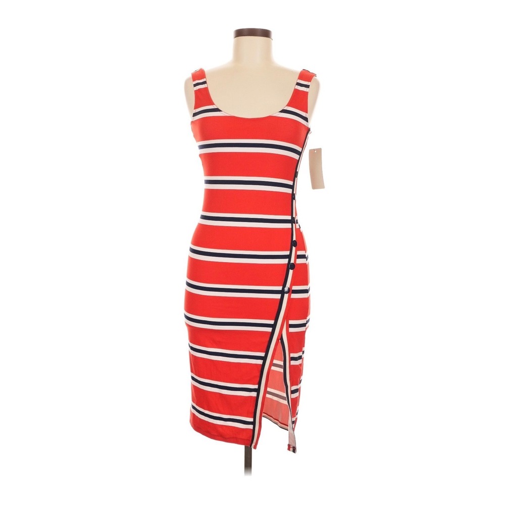 RD Style Midi tank Dress Womens Medium Red NEW Striped Button‎ Slit  Bodycon